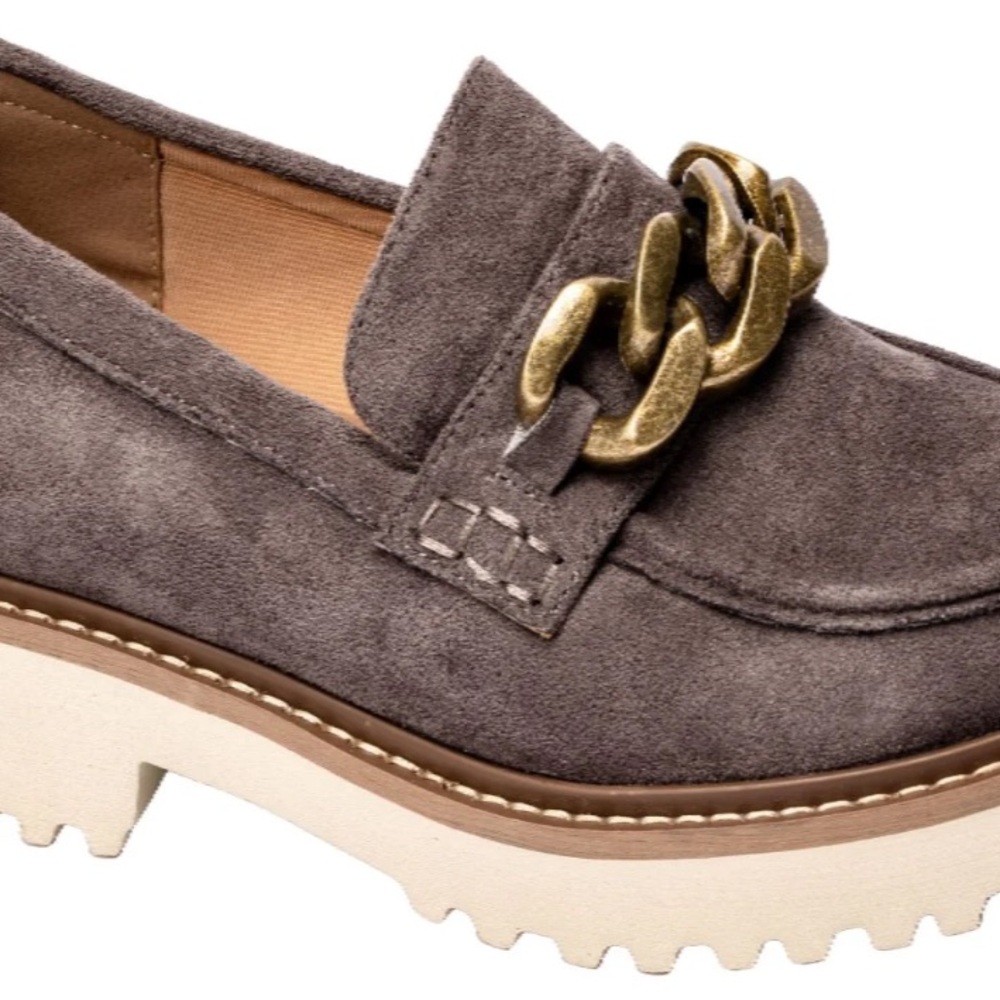 Corkys Light Grey Faux Suede Loafers with Brass Detail